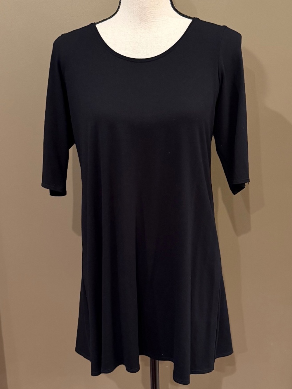Eileen Fisher Black Tunic Top 3/4 Sleeve, Minimalist, Office, Size Petite Medium